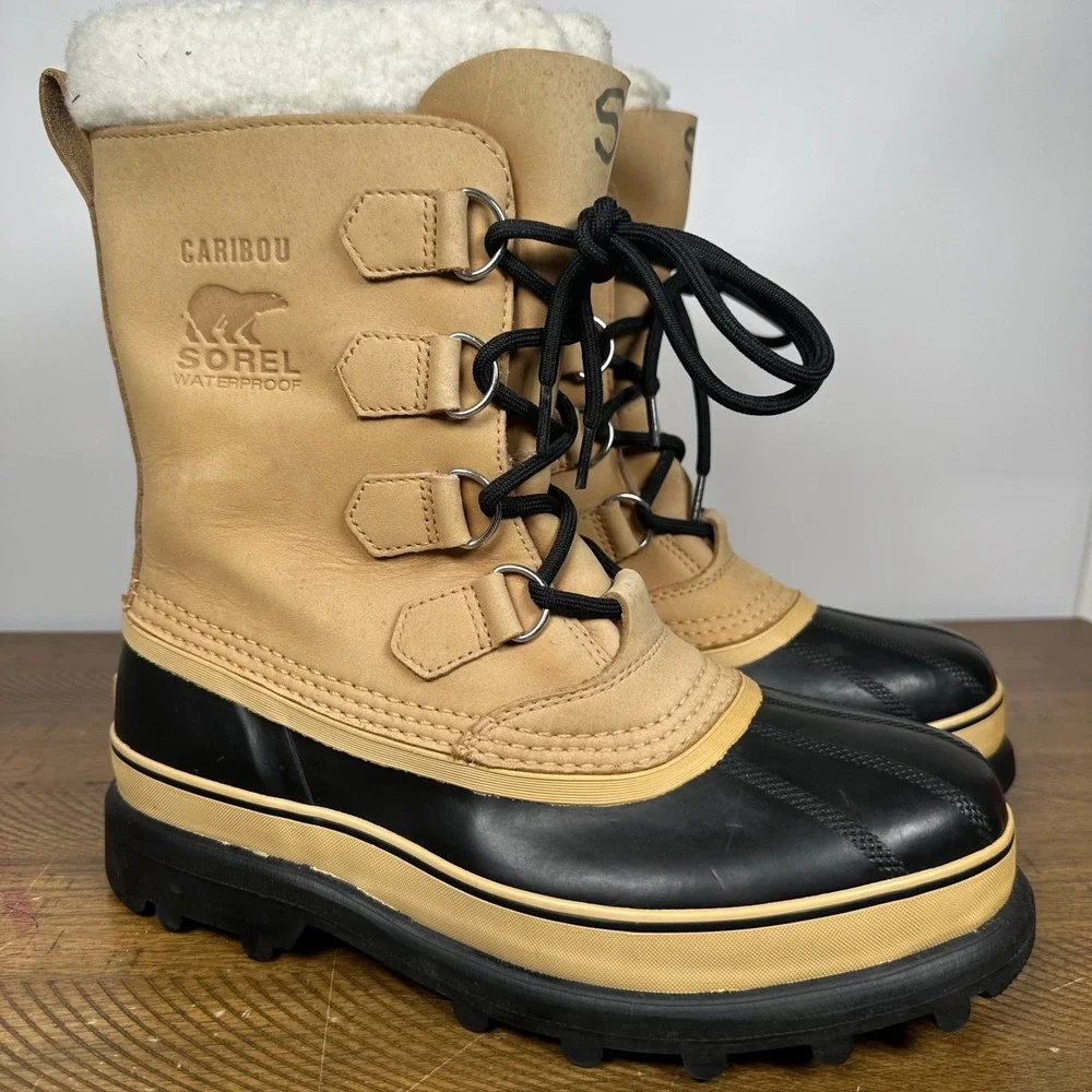 Sorel Boots Mens 9 Tan Caribou Waterproof Leather Winter Snow Hiking NM1000-281